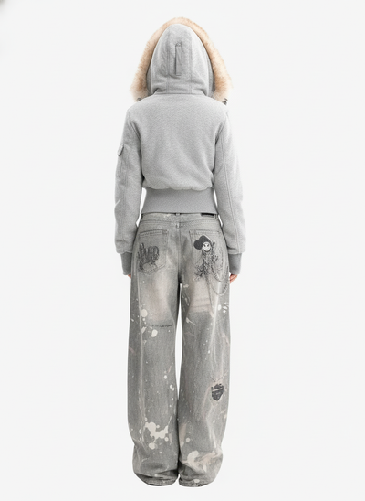 Retro Faux Fur Collar Fleece Hoodie Jacket with Zipper Pockets