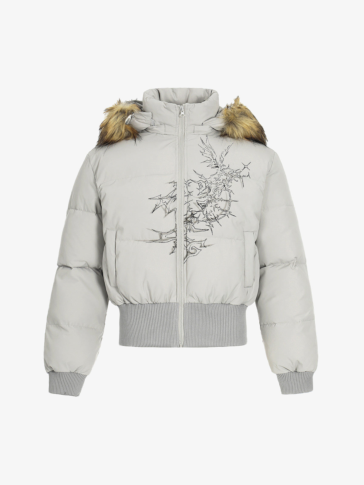 Retro Quilted Floral Print Jacket with Faux Fur Collar