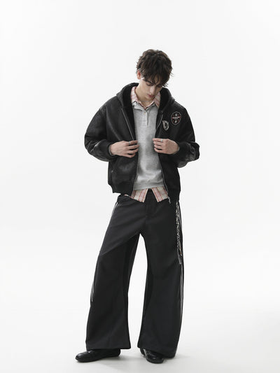 Vintage Skull-Embroidered Fleece-Lined Hooded Leather Bomber Jacket Distressed Badge