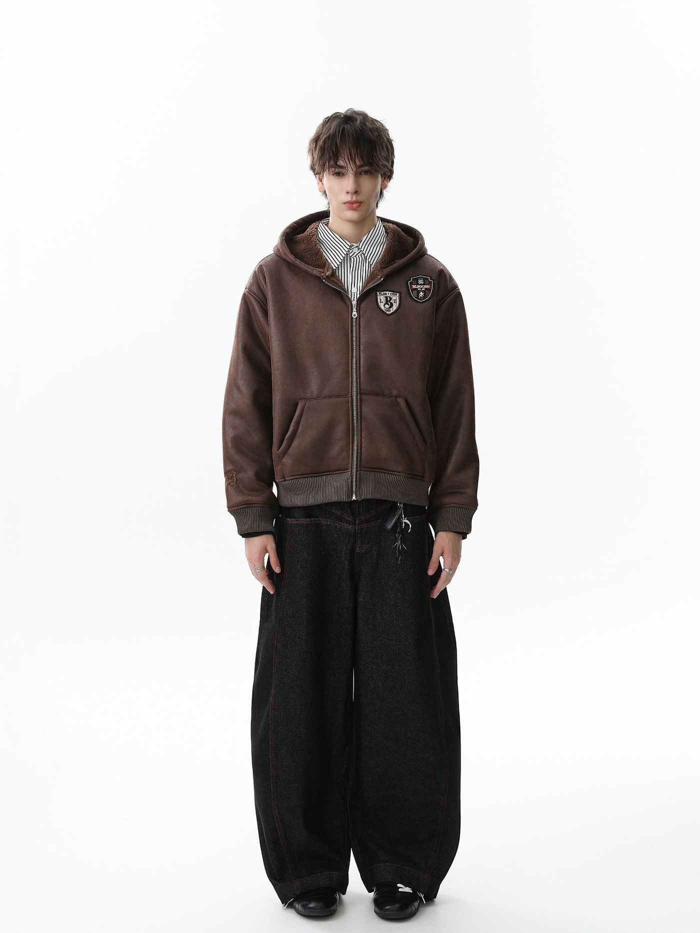 Vintage Skull-Embroidered Fleece-Lined Hooded Leather Bomber Jacket Distressed Badge