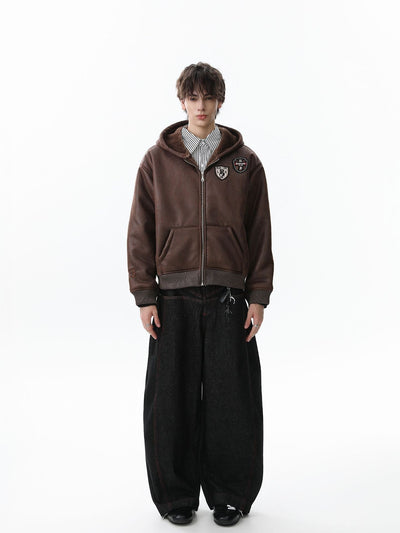 Vintage Skull-Embroidered Fleece-Lined Hooded Leather Bomber Jacket Distressed Badge