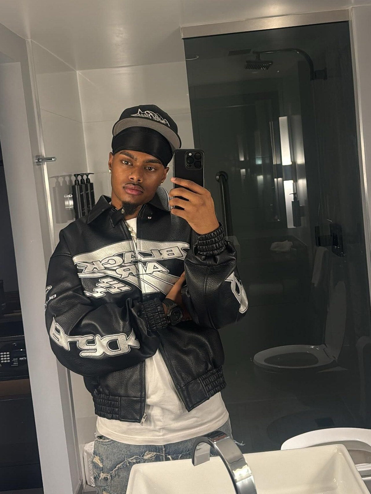 Vintage Street PU Faux Leather Bomber Jacket with Reflective Logo