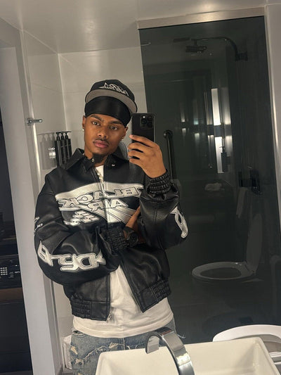 Vintage Street PU Faux Leather Bomber Jacket with Reflective Logo