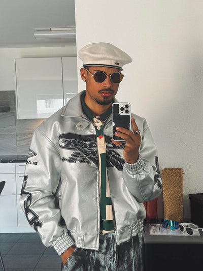 Vintage Street PU Faux Leather Bomber Jacket with Reflective Logo