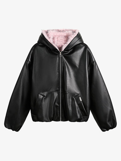 Faux Leather Quilted Hooded Jacket with Fleece Lining