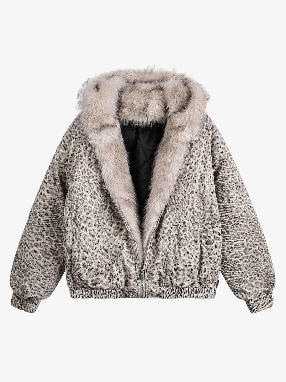 Cheetah Print Faux Mink Fur Hooded Winter Jacket with Zipper