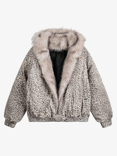 Cheetah Print Faux Mink Fur Hooded Winter Jacket with Zipper