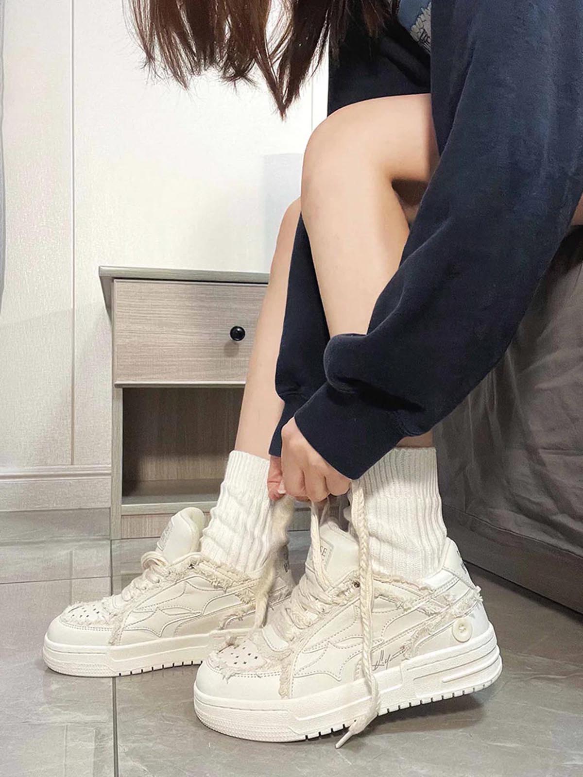 Creamy White Leather Chunky Sole Breathable Low-Top Sneakers