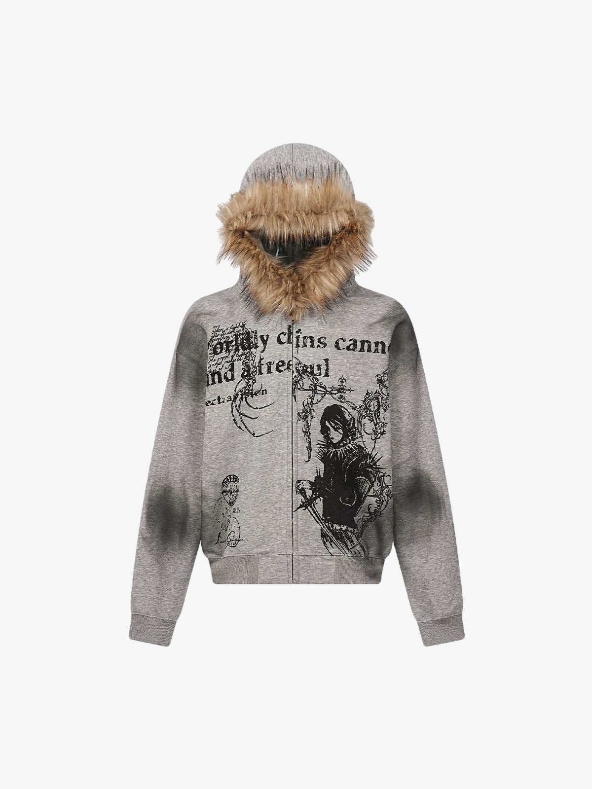Supermade Mortemartt Fur-Trim Wasteland Hoodie Zip-Up Graphic Jacket