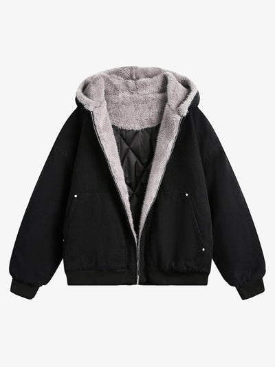 Faux Fur Lined Quilted Hooded Cotton Jacket with Ribbed Cuffs