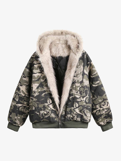 Classic Camouflage Fur-Lined Hooded Cotton Jacket with Detachable Hood