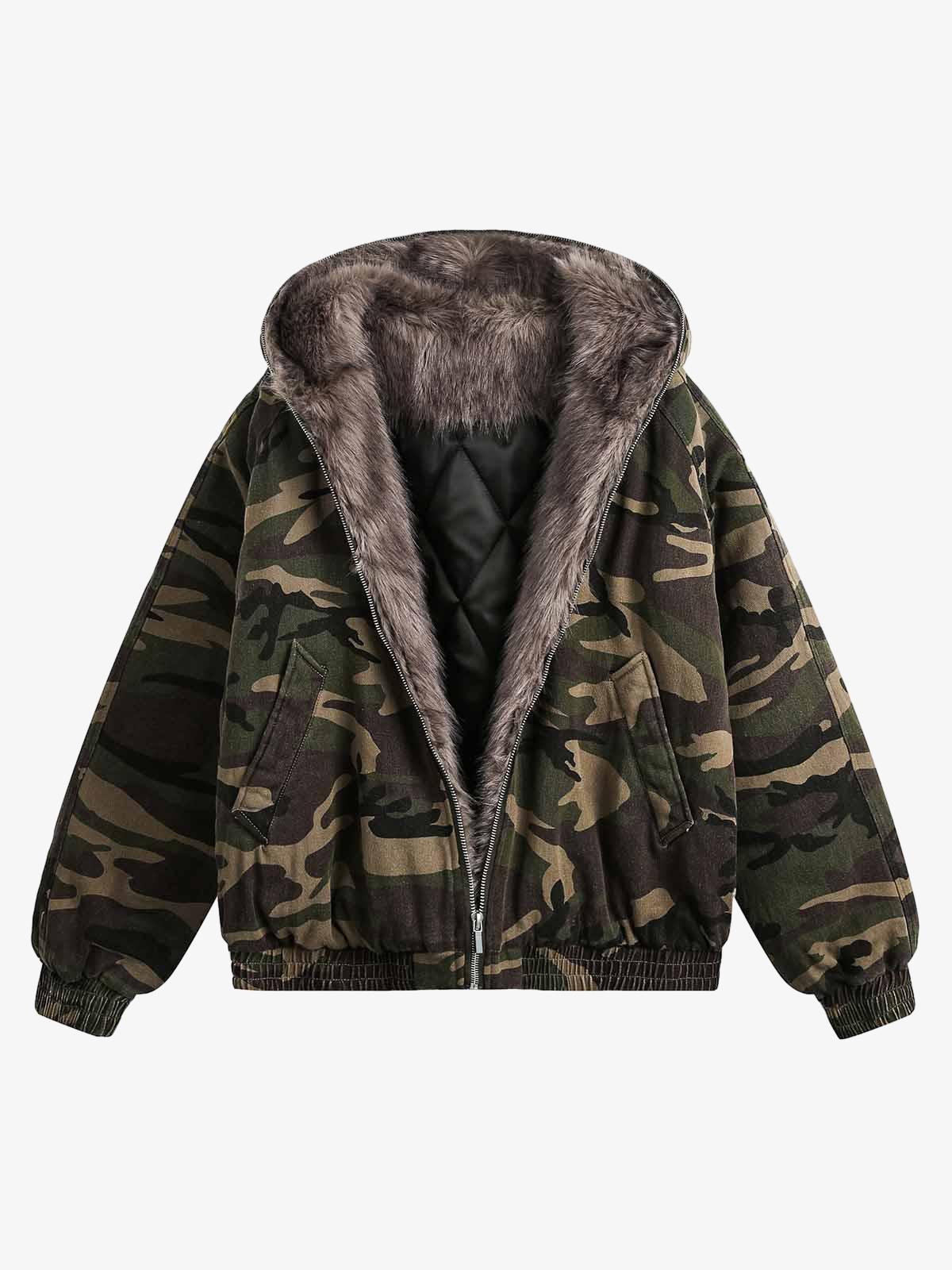 Forest Camouflage Quilted Hooded Jacket with Faux Fur Collar