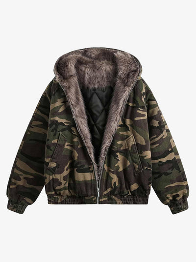 Forest Camouflage Quilted Hooded Jacket with Faux Fur Collar