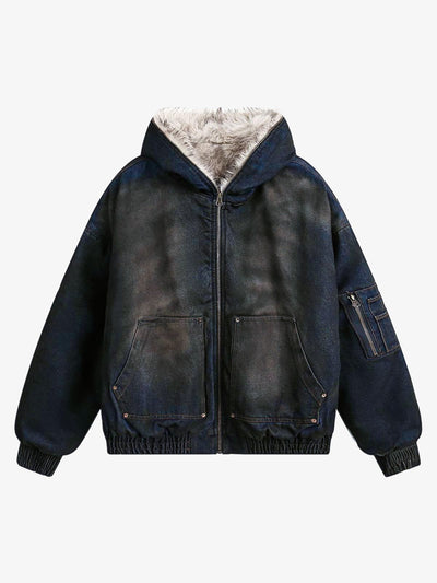 Washed Denim Jacket with Faux Fur Hooded Lining Thickened Cotton