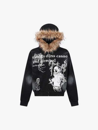 Supermade Mortemartt Fur-Trim Wasteland Hoodie Zip-Up Graphic Jacket
