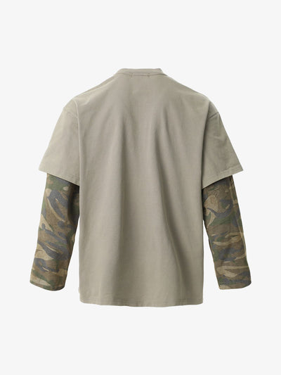 Distressed Camouflage Jersey Graphic T-Shirt with Faux Layering