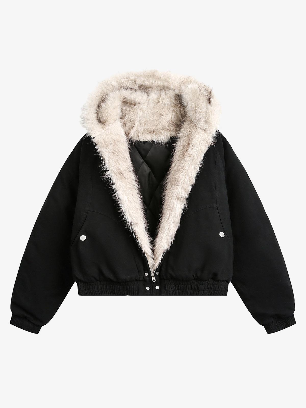 Spliced Fur Hooded Quilted Jacket with Faux Fur Lining