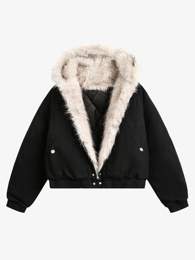 Spliced Fur Hooded Quilted Jacket with Faux Fur Lining