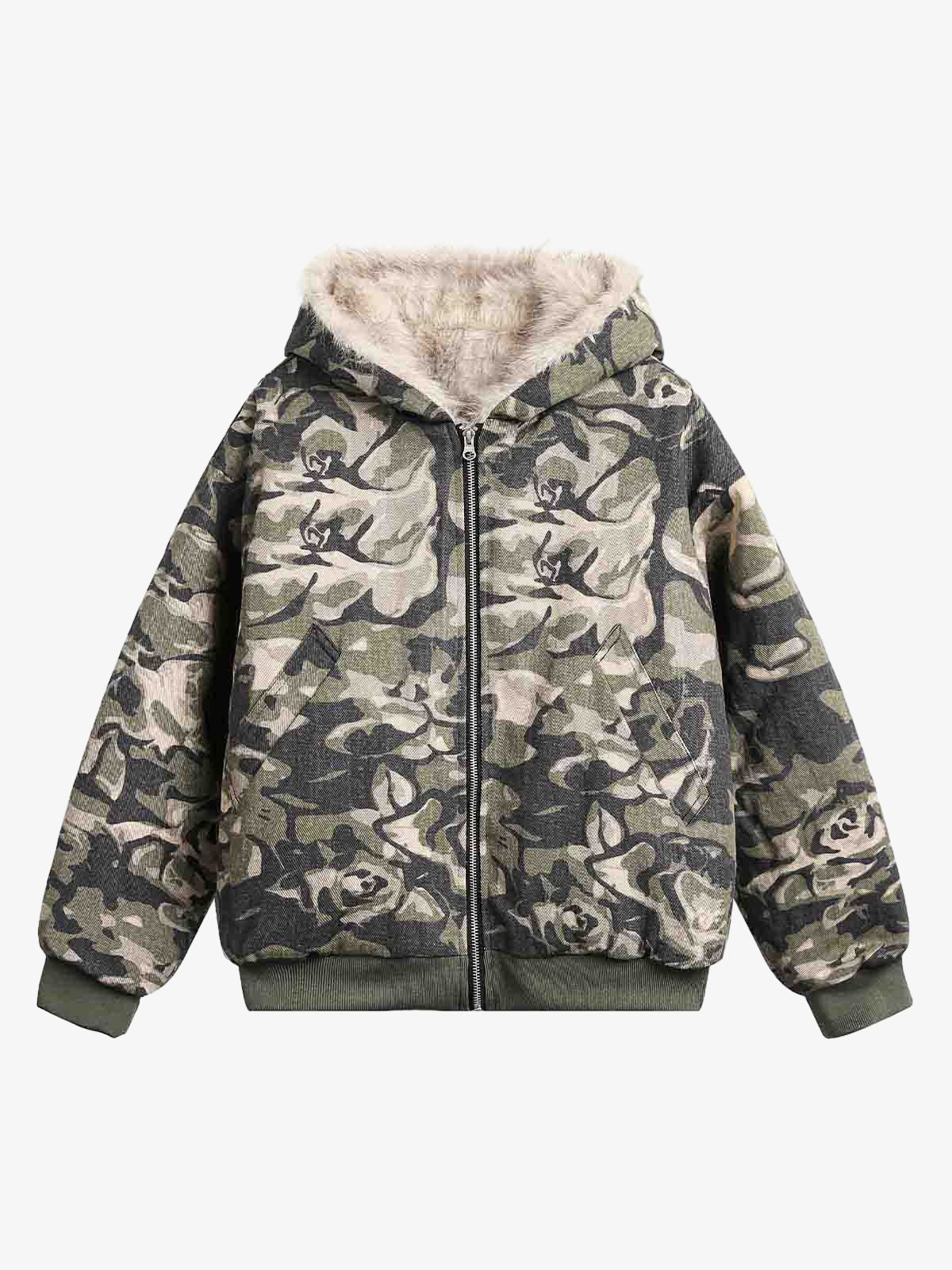 Classic Camouflage Fur-Lined Hooded Cotton Jacket with Detachable Hood