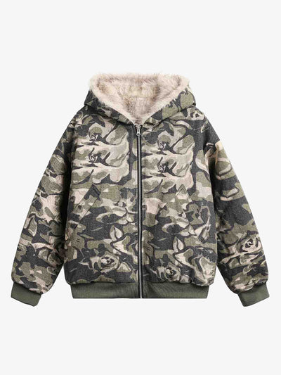 Classic Camouflage Fur-Lined Hooded Cotton Jacket with Detachable Hood