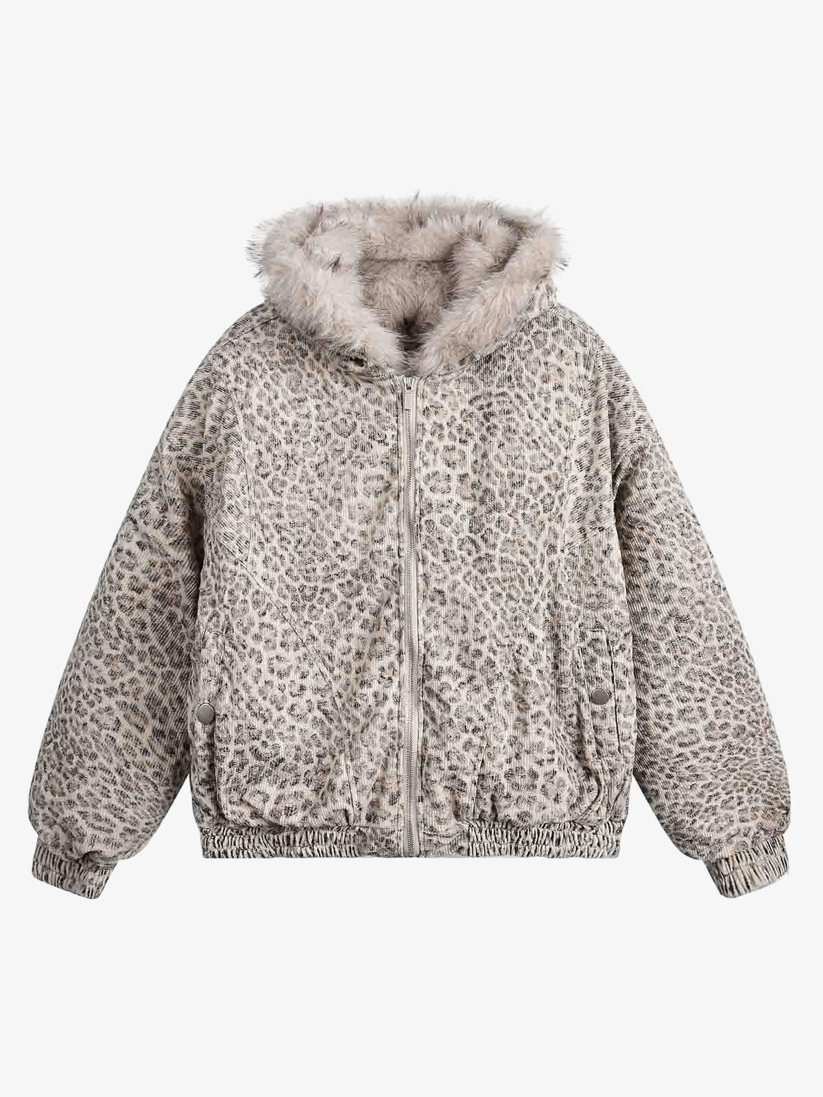Cheetah Print Faux Mink Fur Hooded Winter Jacket with Zipper
