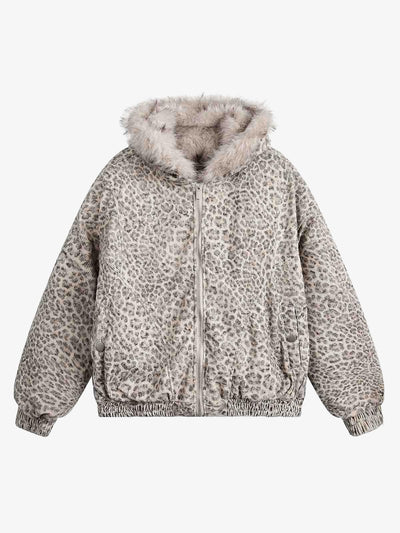 Cheetah Print Faux Mink Fur Hooded Winter Jacket with Zipper