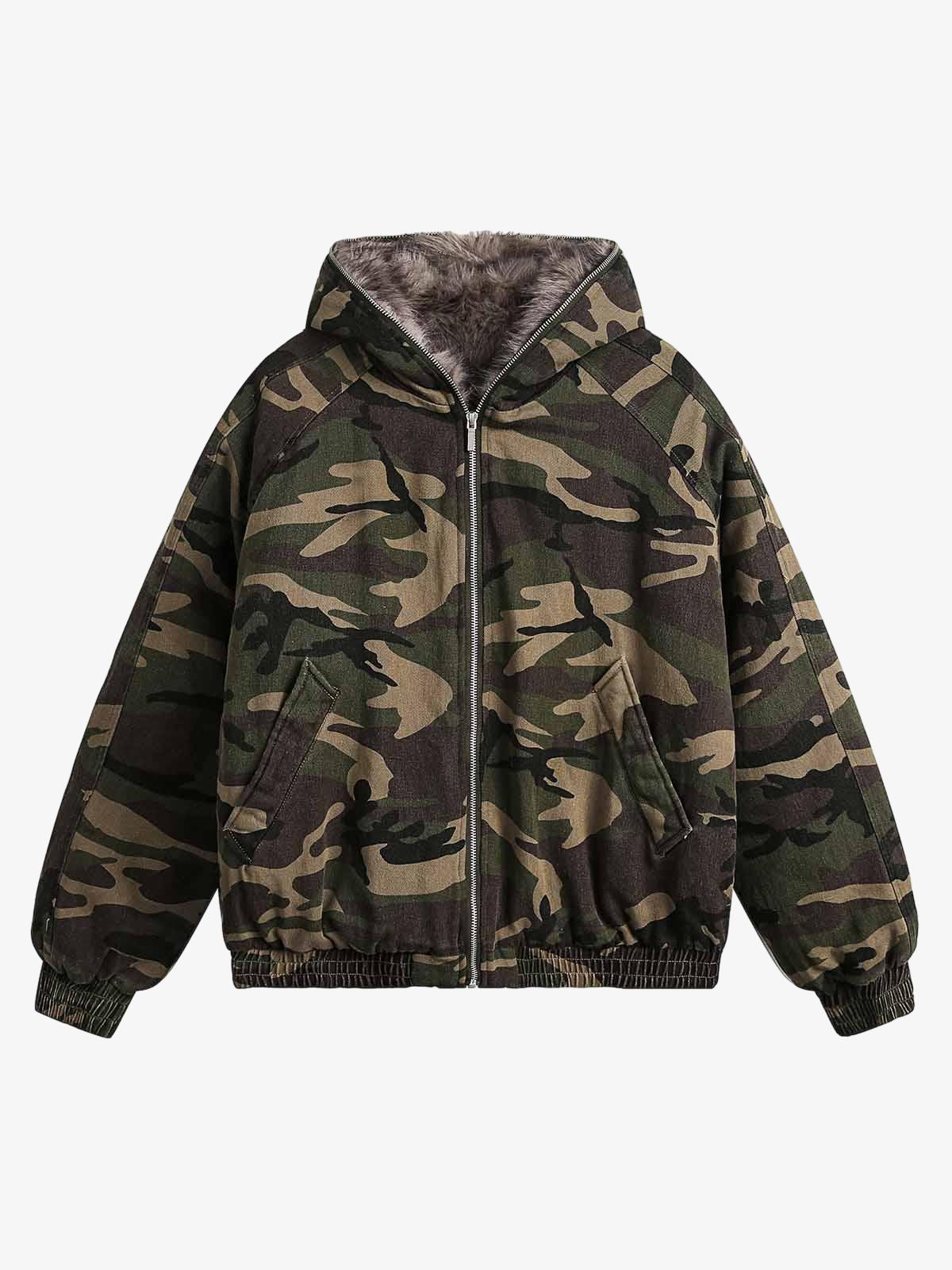 Forest Camouflage Quilted Hooded Jacket with Faux Fur Collar