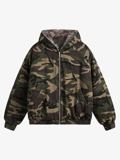 Forest Camouflage Quilted Hooded Jacket with Faux Fur Collar