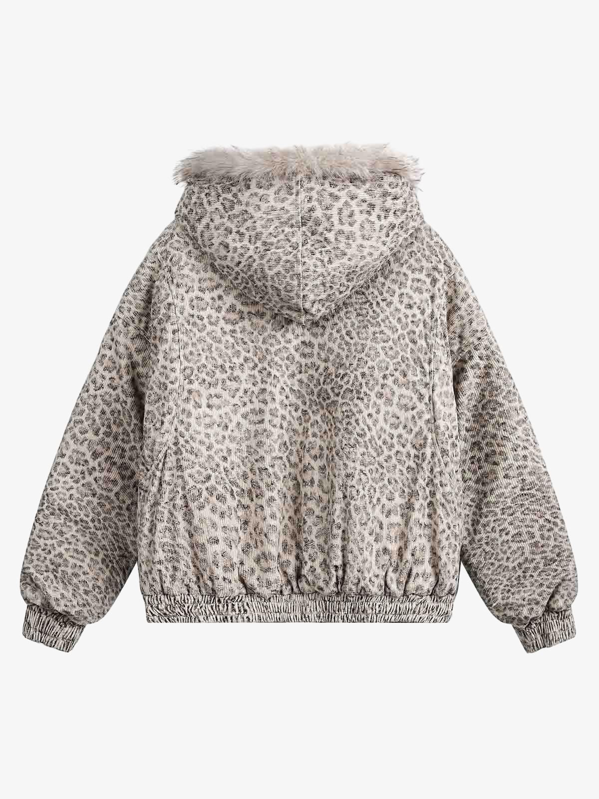 Cheetah Print Faux Mink Fur Hooded Winter Jacket with Zipper