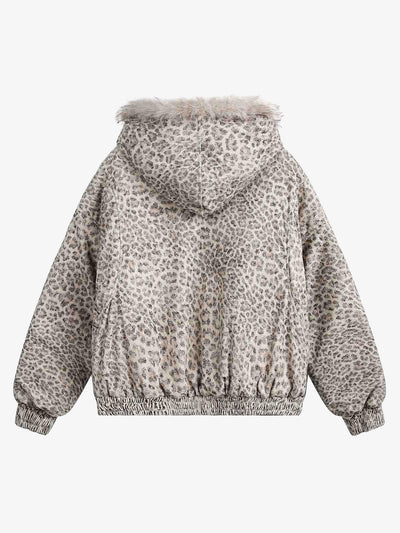Cheetah Print Faux Mink Fur Hooded Winter Jacket with Zipper