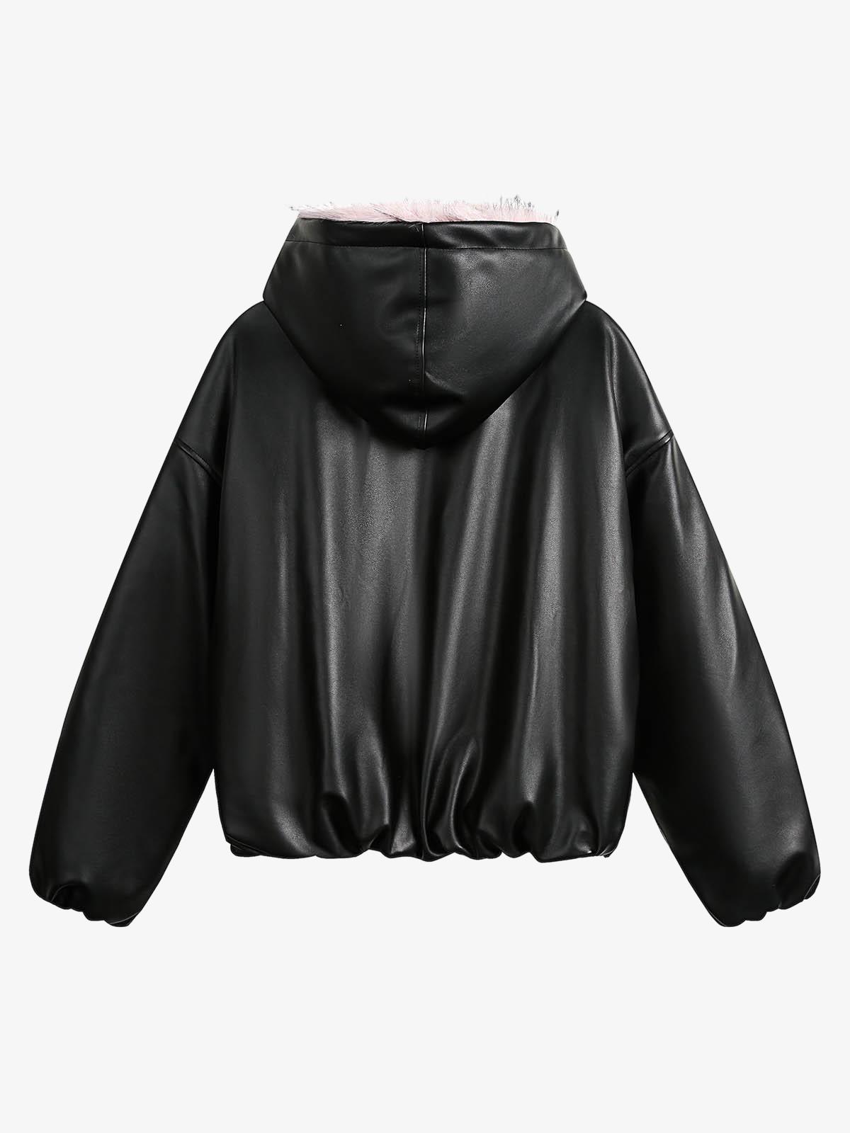 Faux Leather Quilted Hooded Jacket with Fleece Lining