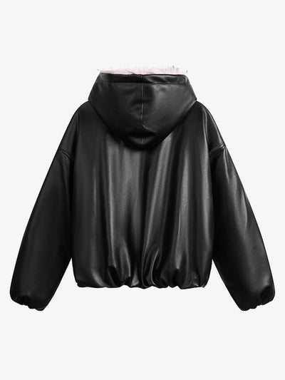 Faux Leather Quilted Hooded Jacket with Fleece Lining