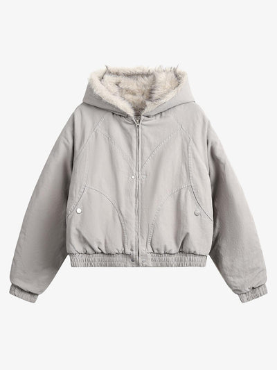 Spliced Fur Hooded Quilted Jacket with Faux Fur Lining