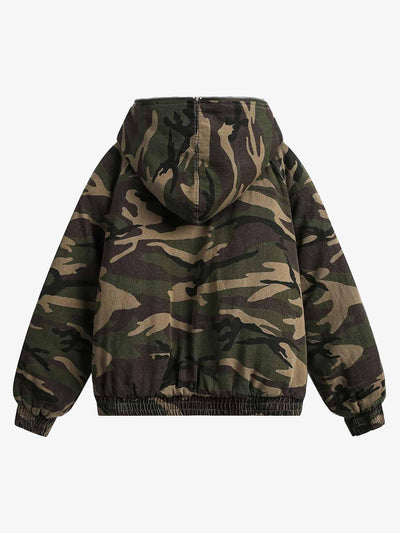 Forest Camouflage Quilted Hooded Jacket with Faux Fur Collar