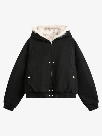 Spliced Fur Hooded Quilted Jacket with Faux Fur Lining