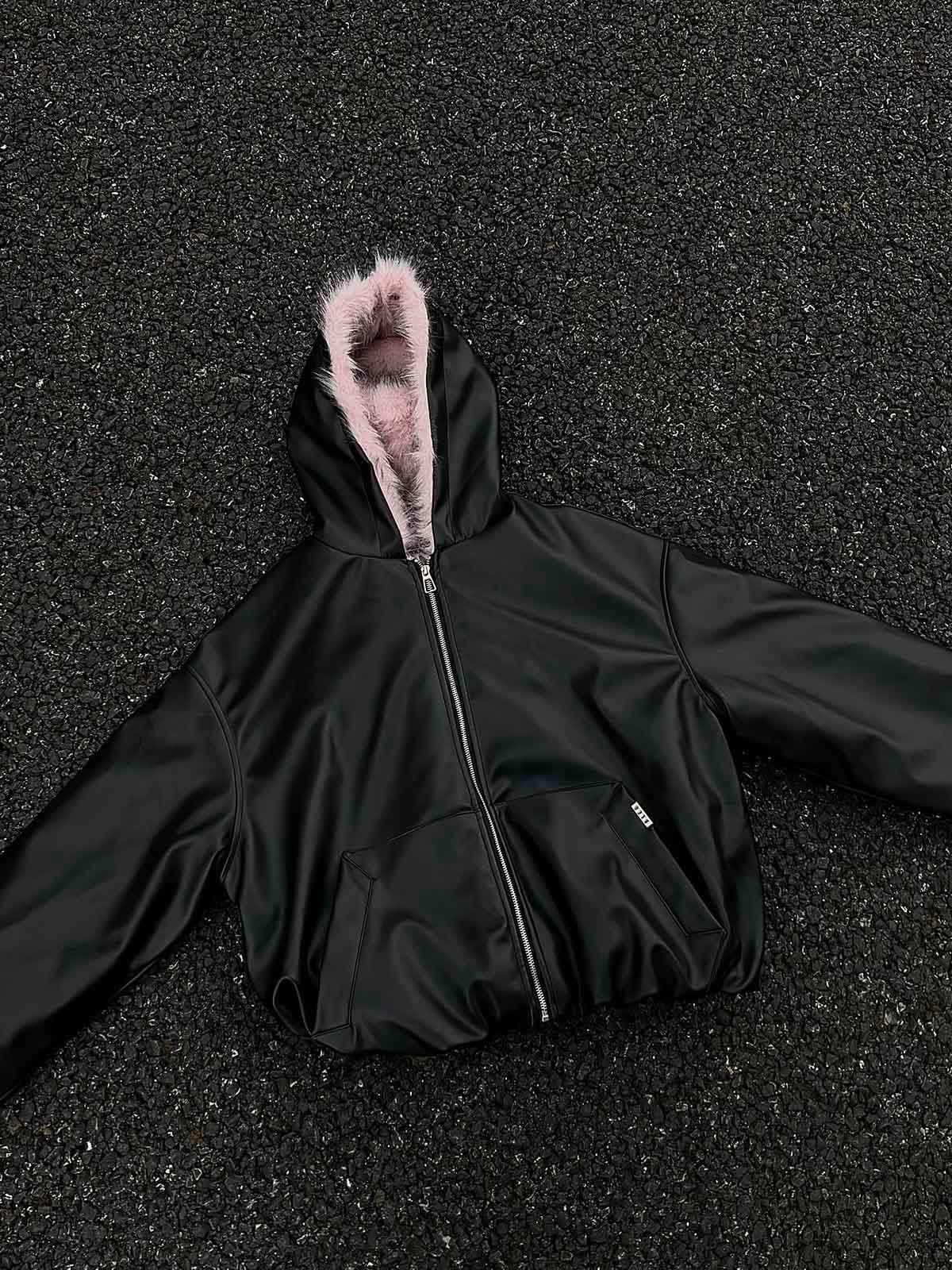 Faux Leather Quilted Hooded Jacket with Fleece Lining