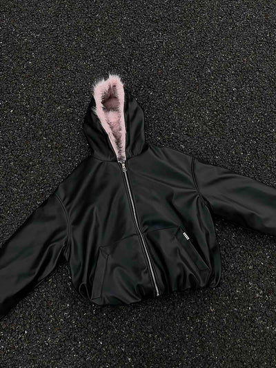 Faux Leather Quilted Hooded Jacket with Fleece Lining