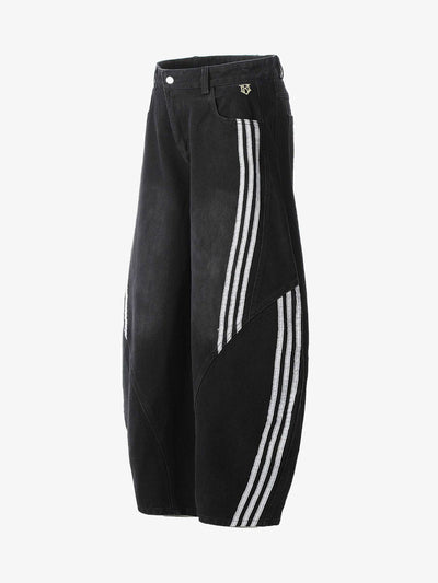 Striped Contrast Stitching Barrel Jeans Wide-Leg Diagonal Detail Relaxed Fit