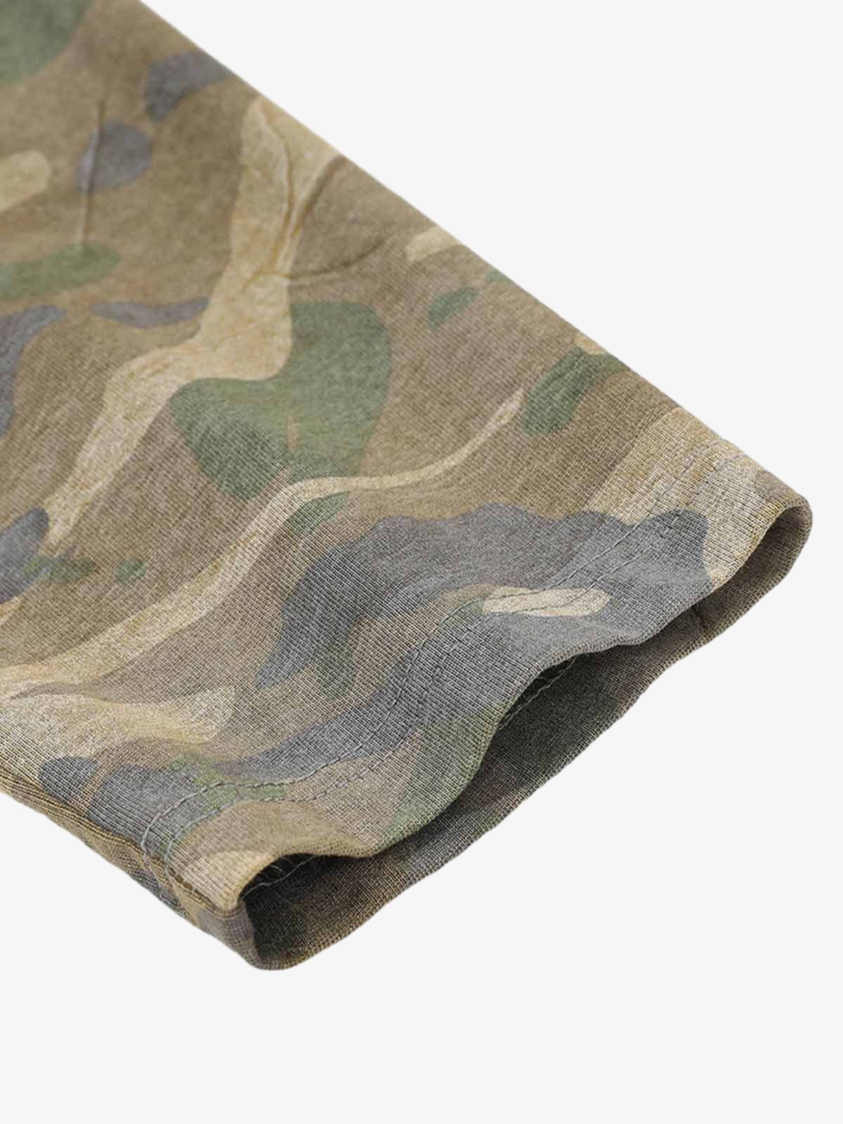 Distressed Camouflage Jersey Graphic T-Shirt with Faux Layering