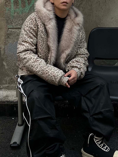 Cheetah Print Faux Mink Fur Hooded Winter Jacket with Zipper
