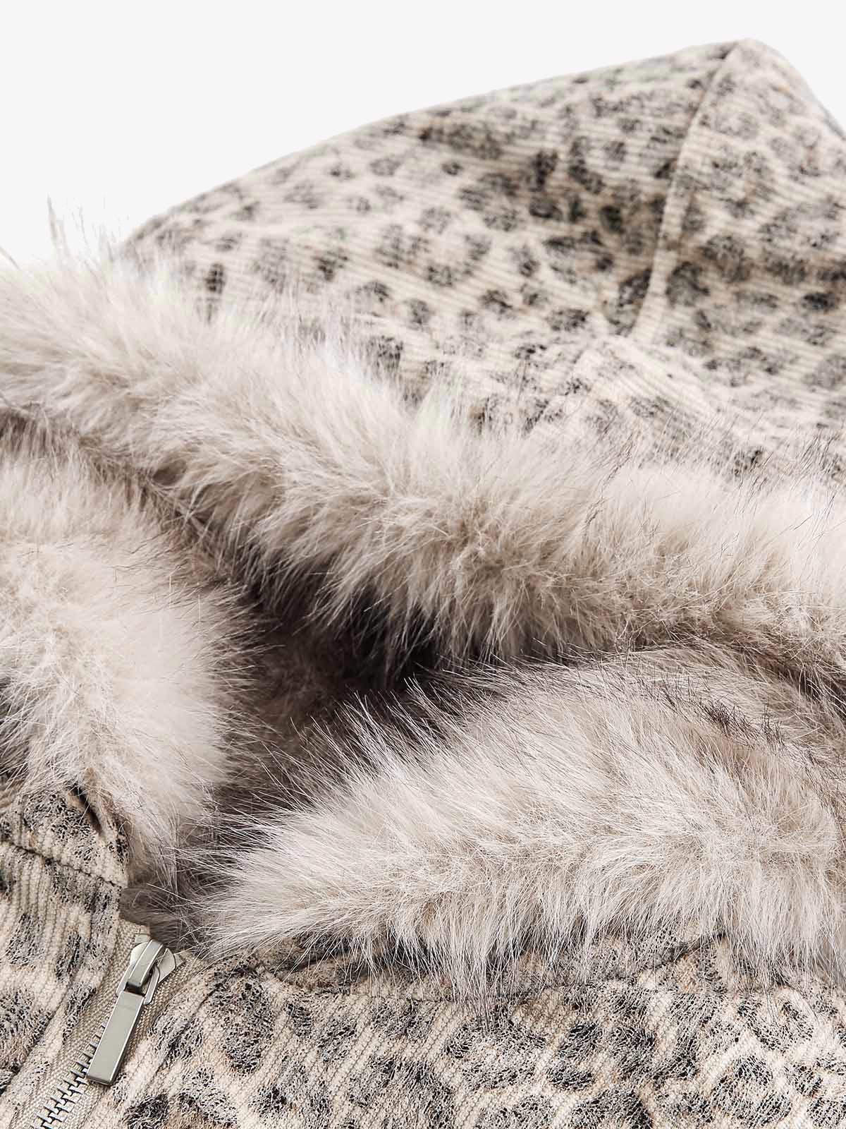Cheetah Print Faux Mink Fur Hooded Winter Jacket with Zipper