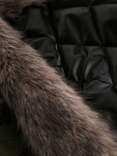 Forest Camouflage Quilted Hooded Jacket with Faux Fur Collar