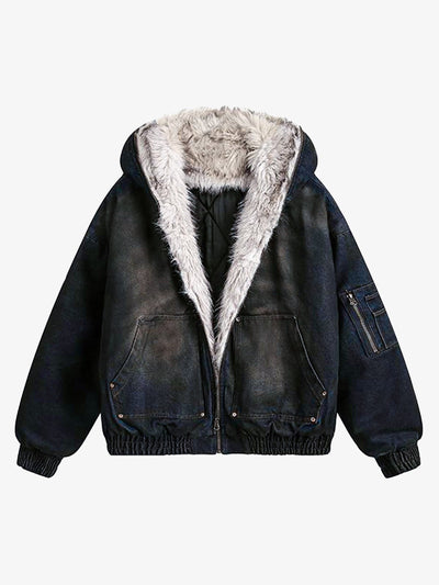 Washed Denim Jacket with Faux Fur Hooded Lining Thickened Cotton