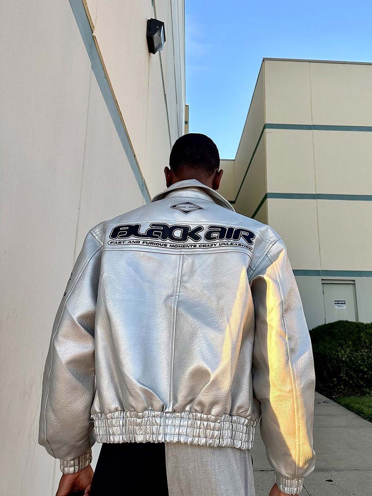 Vintage Street PU Faux Leather Bomber Jacket with Reflective Logo