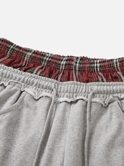 Double-Waist Plaid Patchwork Baggy Sweatpants with Deep Pockets Retro Streetwear