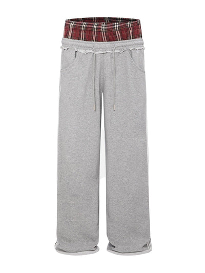 Double-Waist Plaid Patchwork Baggy Sweatpants with Deep Pockets Retro Streetwear