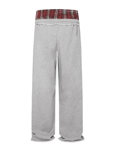 Double-Waist Plaid Patchwork Baggy Sweatpants with Deep Pockets Retro Streetwear