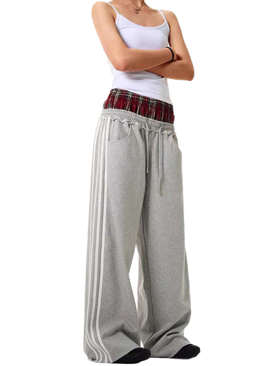 Double-Waist Plaid Patchwork Baggy Sweatpants with Deep Pockets Retro Streetwear
