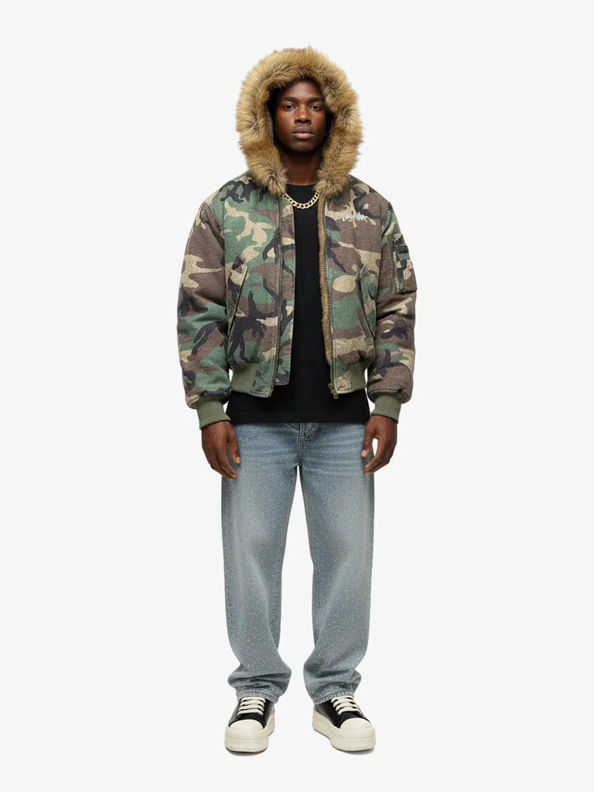 Reversible Camouflage Cotton Jacket with Faux Fur Collar, Thickened