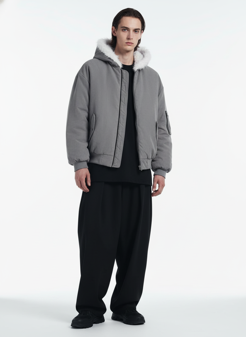 Oversized Reversible Plush Hooded Jacket with Faux Fur Lining